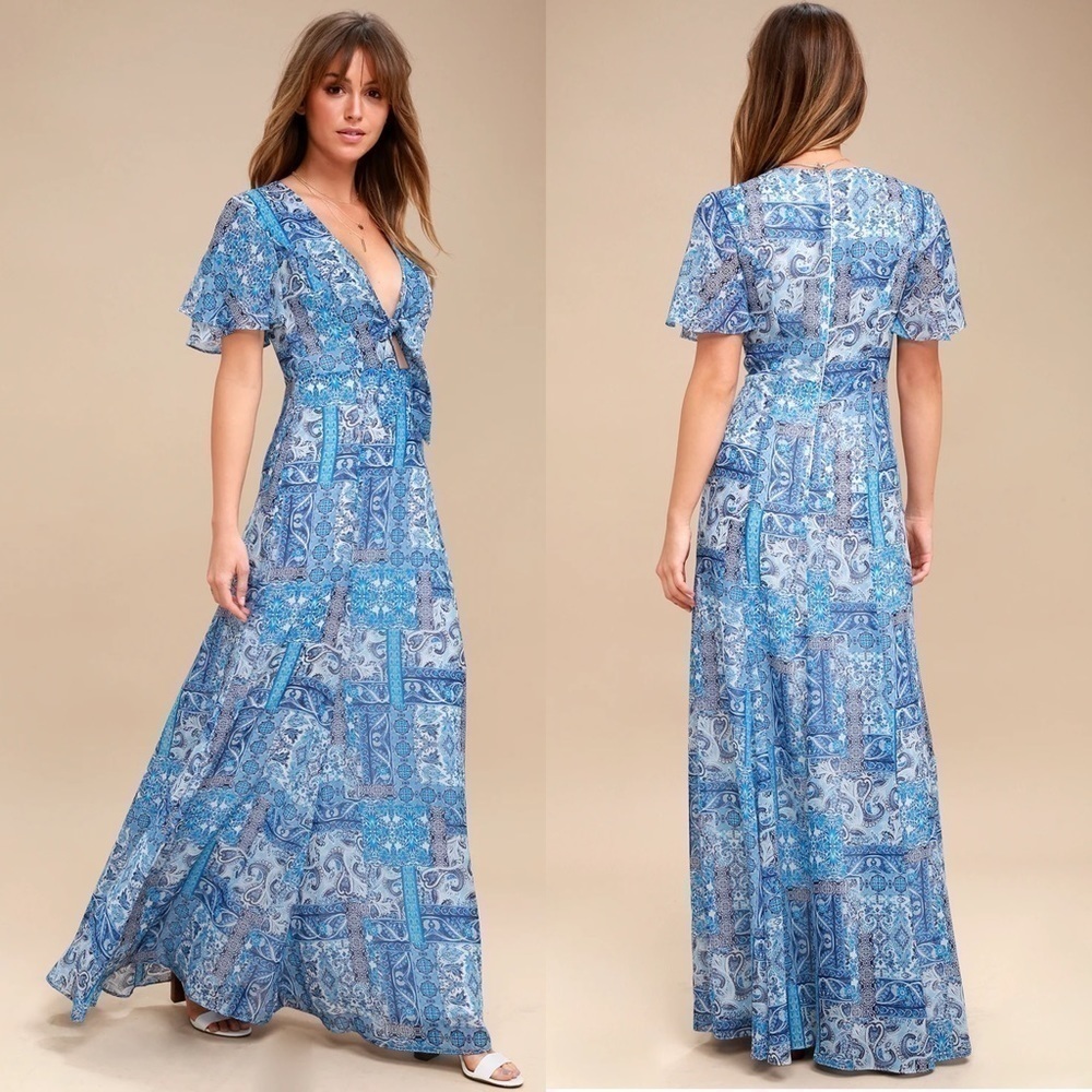 LULUS WINGS OF LOVE PAISLEY HANDKERCHIEF V-NECK SLIT SHORT SLEEVE MAXI DRESS